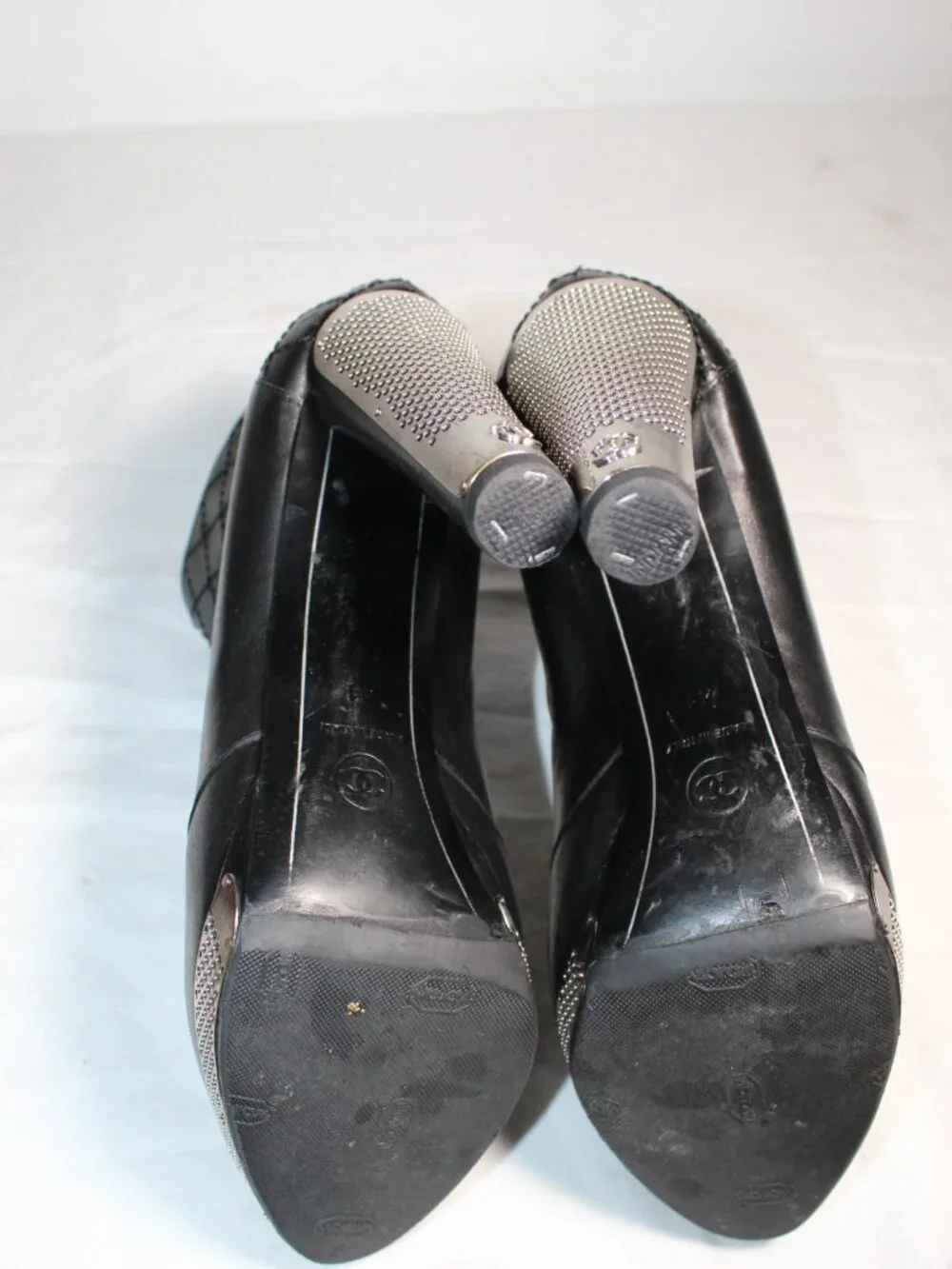Chanel CC Logo Black Leather Metal Grille Platform Heeled Booties Pumps Boots 41